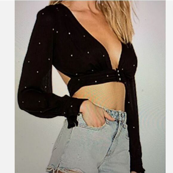 For Love & Lemons Crop Top Blouse Black Balloon Sleeves Gold Stars size small - Picture 1 of 11